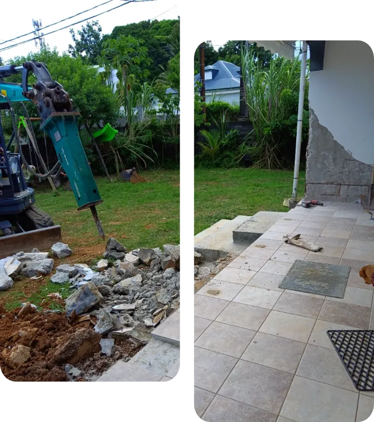 Démolition d'une terrasse carrelée au brise-roche hydraulique au Lamentin